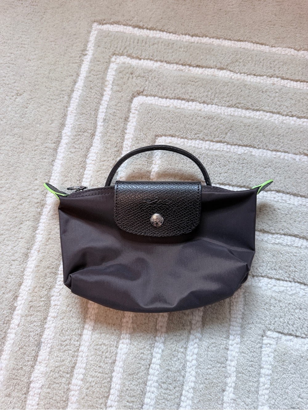 Longchamp Mini Le Pliage Nylon Tote in Brown with Lime Trim